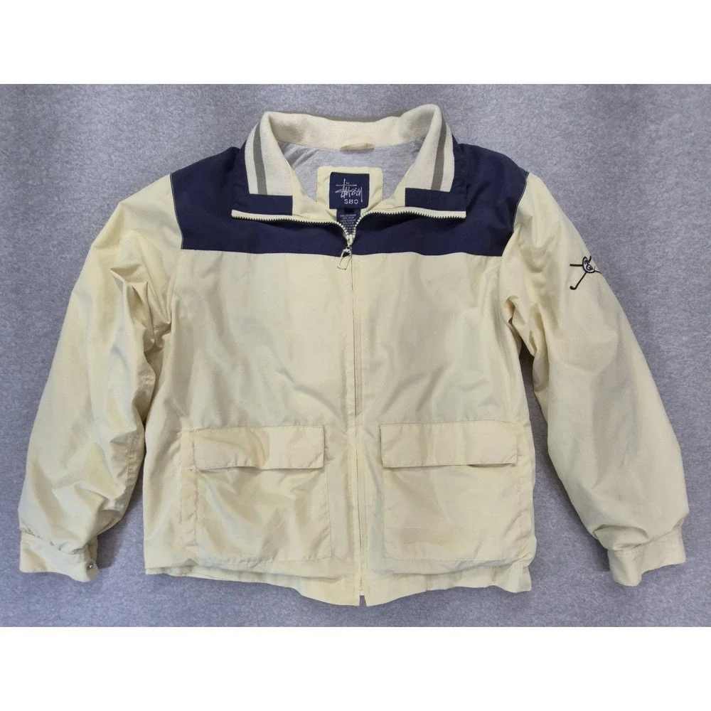 Vintage Stussy 8 Ball Jacket Mens M Cream Navy Color block Y2K Streetwear
